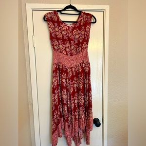 Red floral flowy midi dress